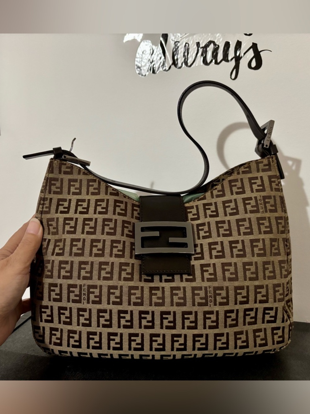 Fendi Brown Zucca Monogram Shoulder Bag with FF Clasp
